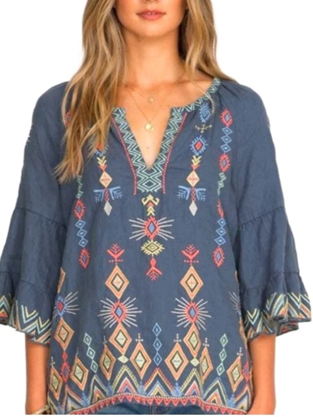 Johnny Was Cerise Blue Embroidered Linen Peasant Blouse Top Medium/Large?